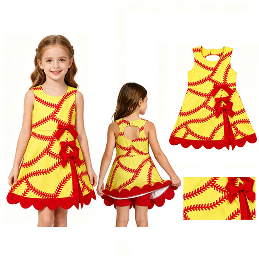 Baby Girls Softball Bows Team Yoga Active Short Scallop Knee Length Dress