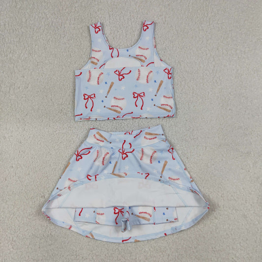 Baby Girls Bows Baseballs Vests Top Skirt Short Team Yoga Active Clothes Set