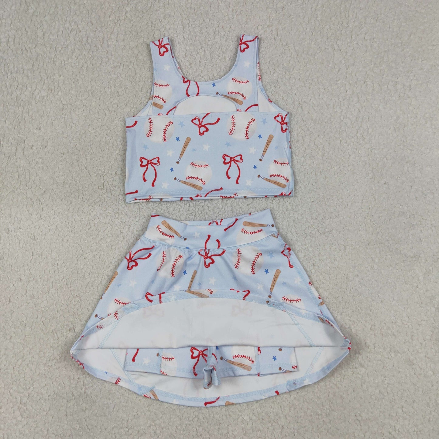 Sibling Baby Girls Bows Baseballs Softballs Top Skirt Short Team Yoga Active Scallop Clothes Sets
