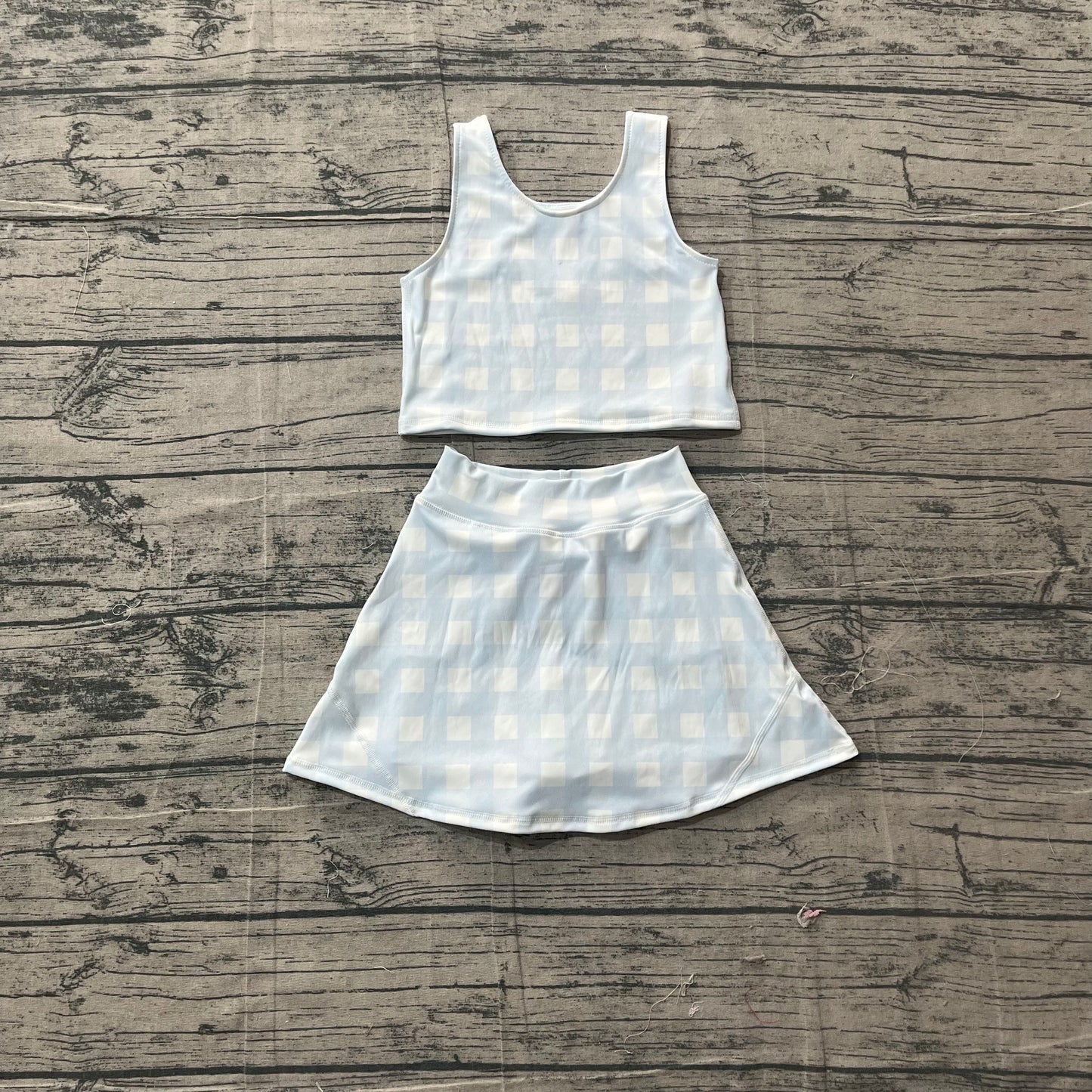 Baby Girls Light Blue Checked Vests Top Skirt Short Yoga Active Clothes Set