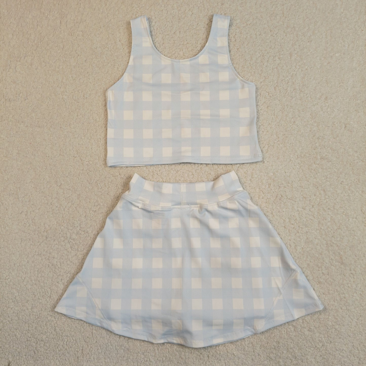 Baby Girls Light Blue Checked Vests Top Skirt Short Yoga Active Clothes Set