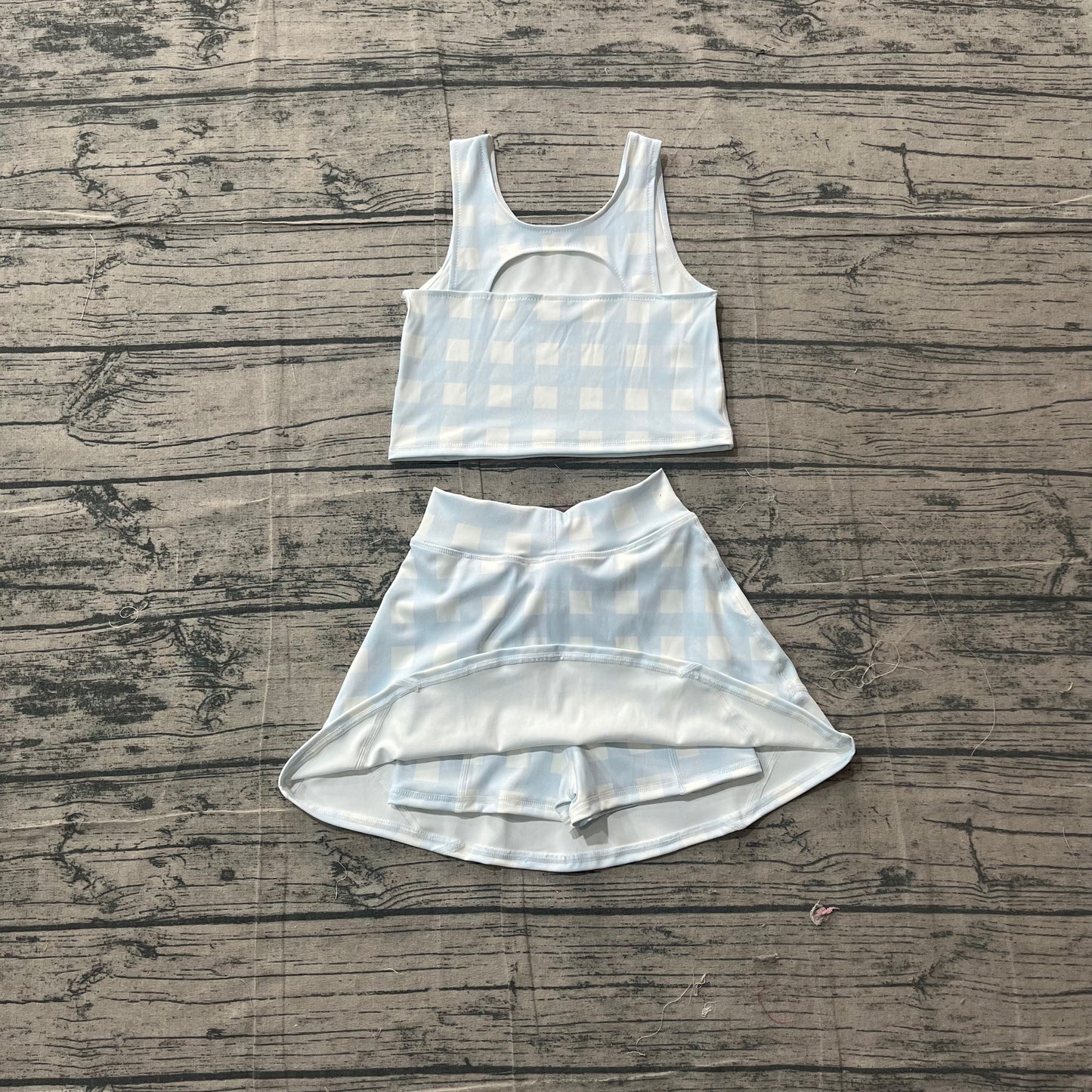 Baby Girls Light Blue Checked Vests Top Skirt Short Yoga Active Clothes Set