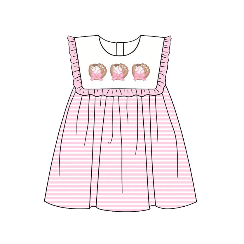 Baby Girls Sleeveless Bows Baseballs Team Stripe Knee Length Dress Preorder