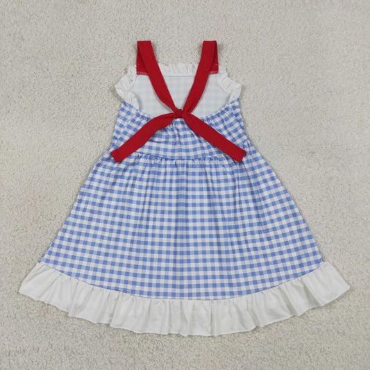 Baby Girls Strap Blue Checked Back Bows 4th of July Knee Length Dress
