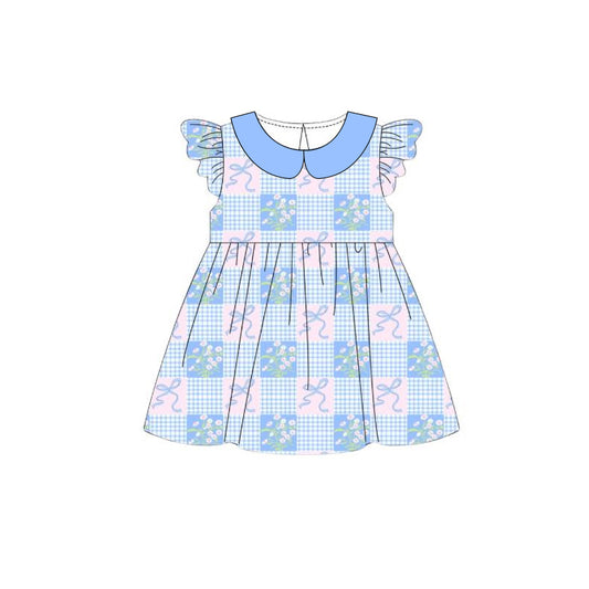 Baby Girls Flutter Sleeve Bows Flowers Checked Collar Knee Length Dress Preorder