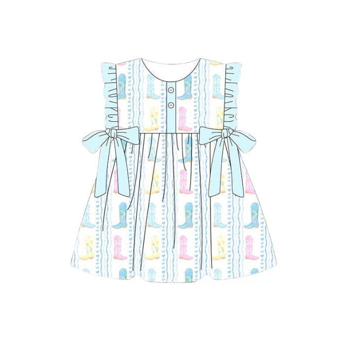 Baby Girls Colorful Boots Stripe Western Button Knee Length Dress Preorder
