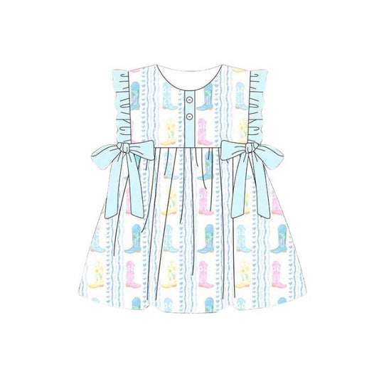 Baby Girls Colorful Boots Stripe Western Button Knee Length Dress Preorder
