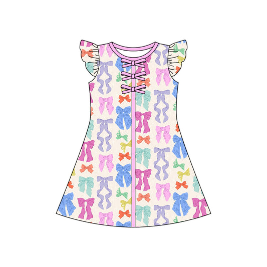Baby Girls Flutter Sleeve Colorful Bows Knee Length Dresses Preorder