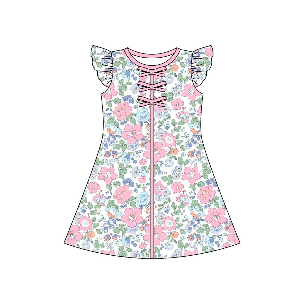Baby Girls Flutter Sleeve Colorful Flowers Knee Length Dresses Preorder
