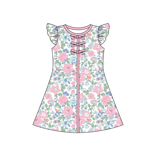 Baby Girls Flutter Sleeve Colorful Flowers Knee Length Dresses Preorder