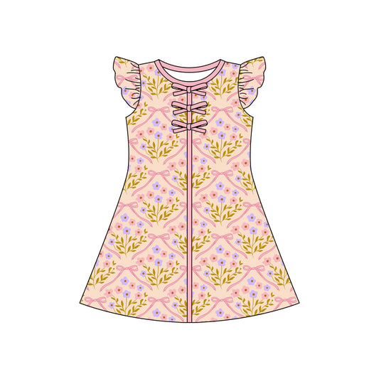 Baby Girls Flutter Sleeve Flowers Bows Checked Knee Length Dresses Preorder