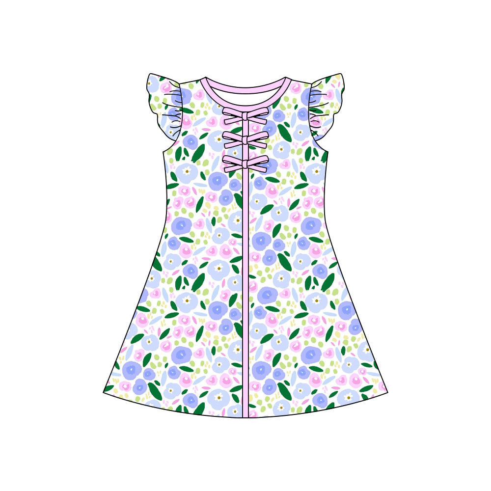 Baby Girls Flutter Sleeve Colorful Flowers Knee Length Dresses Preorder