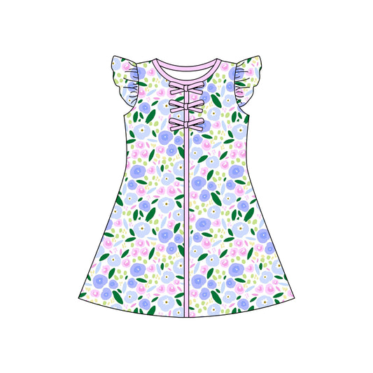 Baby Girls Flutter Sleeve Colorful Flowers Knee Length Dresses Preorder