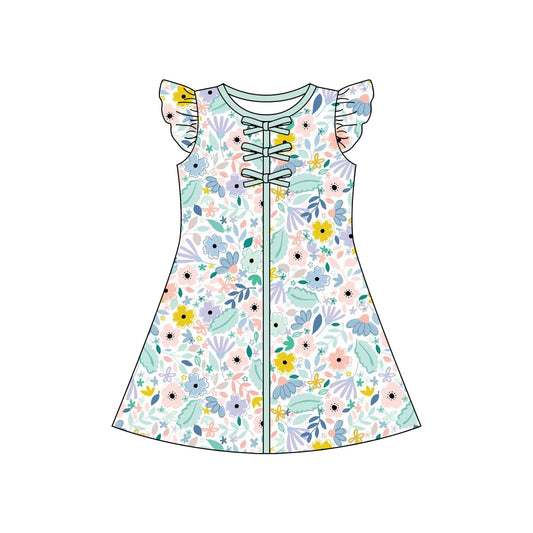 Baby Girls Flutter Sleeve Colorful Flowers Knee Length Dresses Preorder