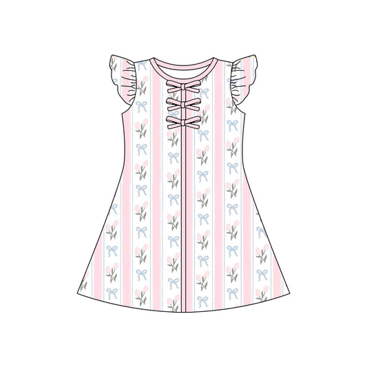 Baby Girls Flutter Sleeve Bows Flowers Stripe Knee Length Dresses Preorder