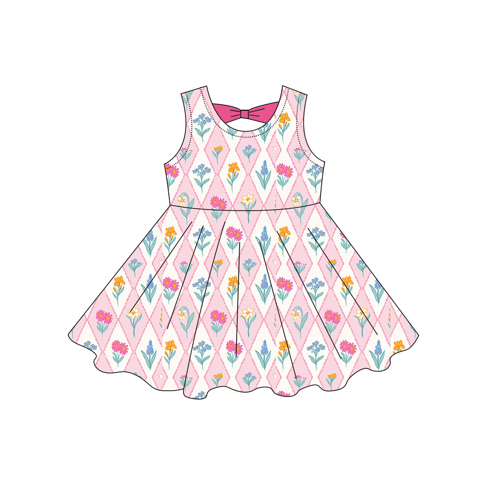 Baby Girls Sleeveless Flowers Checked Knee Length Dresses Preorder