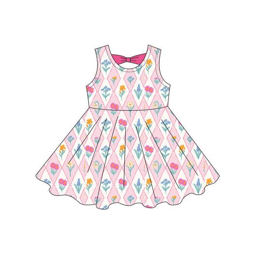 Baby Girls Sleeveless Flowers Checked Knee Length Dresses Preorder