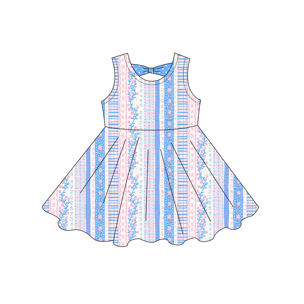 Baby Girls Sleeveless Flowers Stripe Knee Length Dresses Preorder