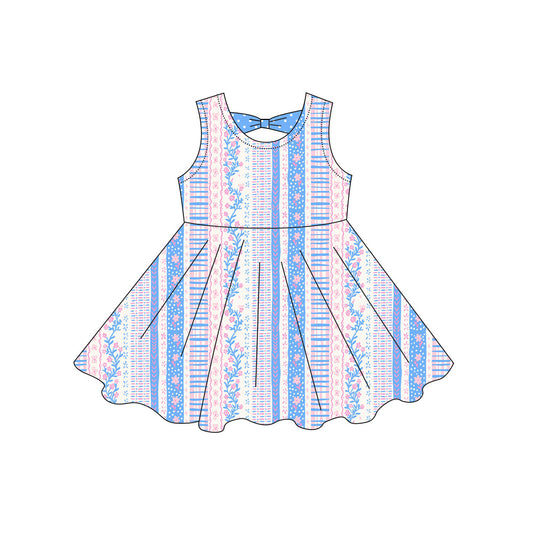 Baby Girls Sleeveless Flowers Stripe Knee Length Dresses Preorder