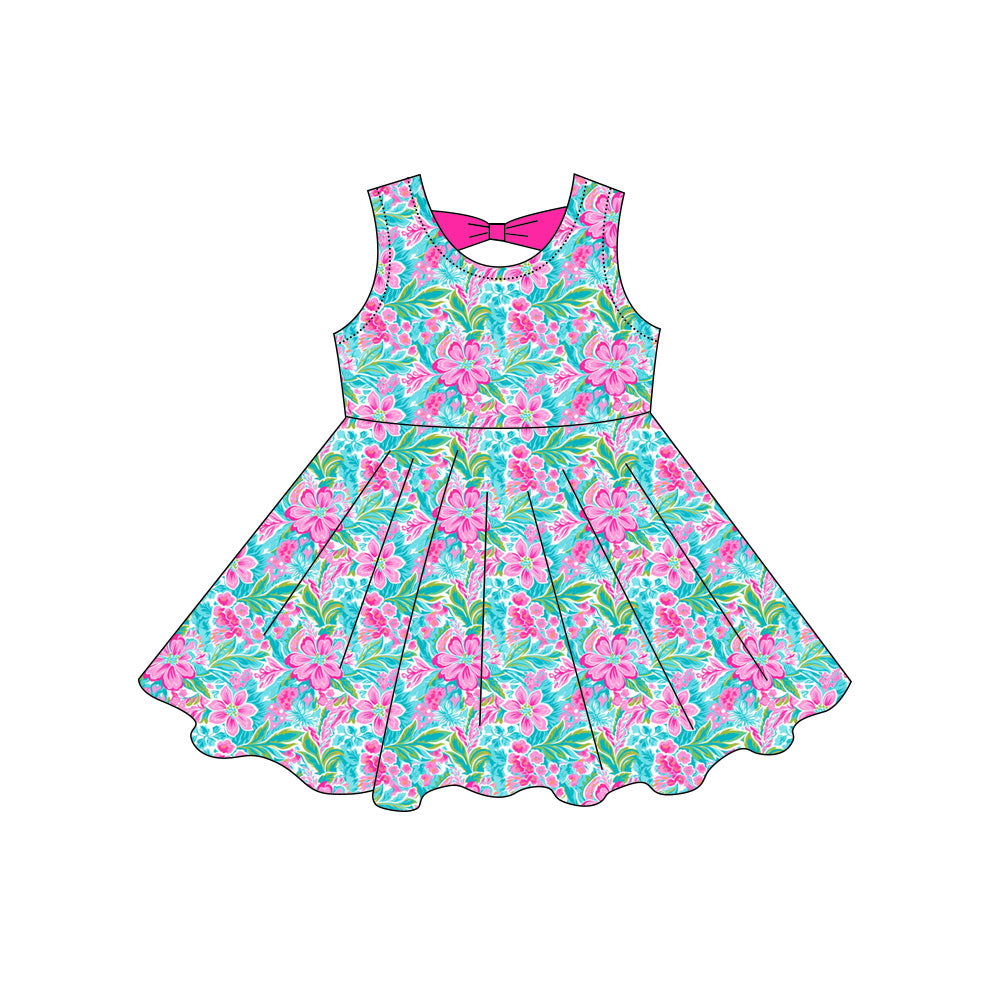 Baby Girls Sleeveless Watercolor Flowers Knee Length Dresses Preorder