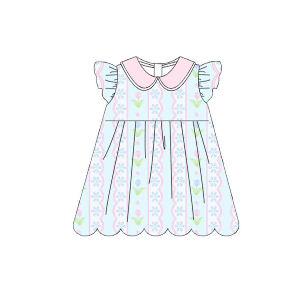Baby Girls Flutter Sleeve Flowers Stripe Collar Scallop Knee Length Dresses Preorder
