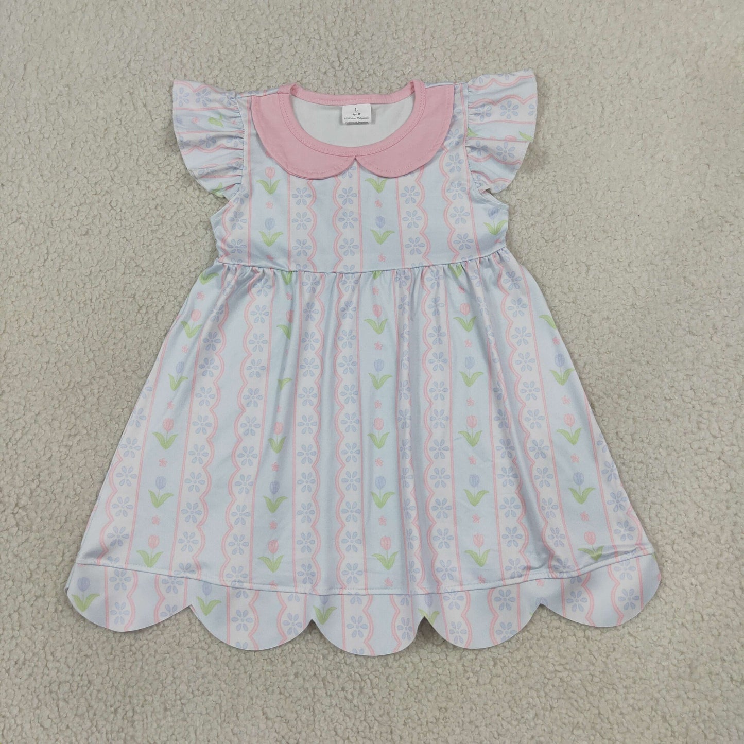 Baby Girls Flutter Sleeve Flowers Stripe Collar Scallop Knee Length Dresses