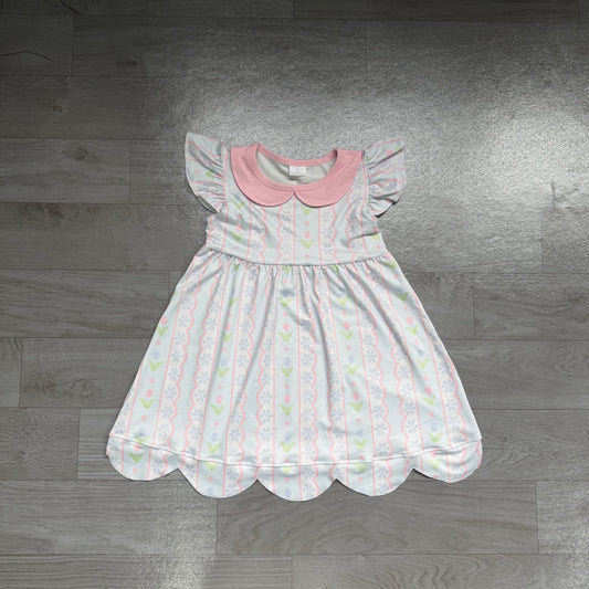 Baby Girls Flutter Sleeve Flowers Stripe Collar Scallop Knee Length Dresses Preorder