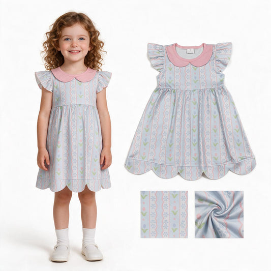 Baby Girls Flutter Sleeve Flowers Stripe Collar Scallop Knee Length Dresses