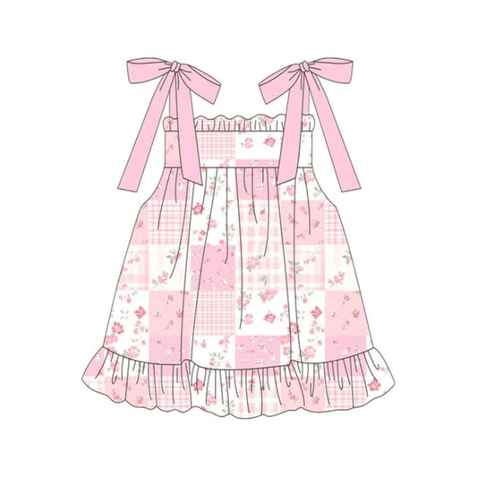 Baby Girls Pink Strap Flowers Checked Ruffle Knee Length Dresses Preorder
