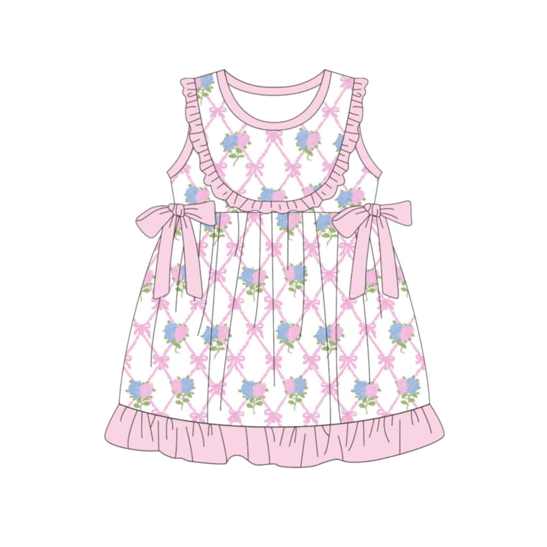 Baby Girls Sleeveless Flowers Bows Checked Ruffle Knee Length Dresses Preorder
