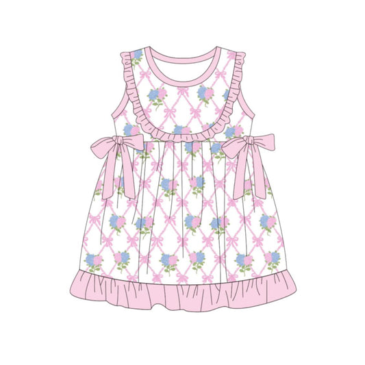 Baby Girls Sleeveless Flowers Bows Checked Ruffle Knee Length Dresses Preorder