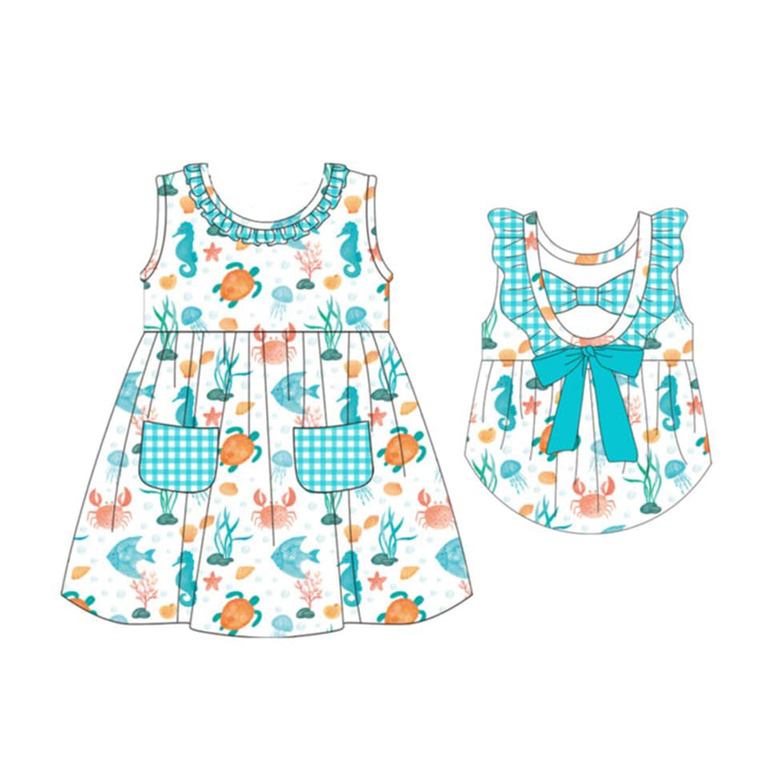 Baby Girls Sleeveless Tortoise Fishes Pockets Back Bow Knee Length Dresses Preorder