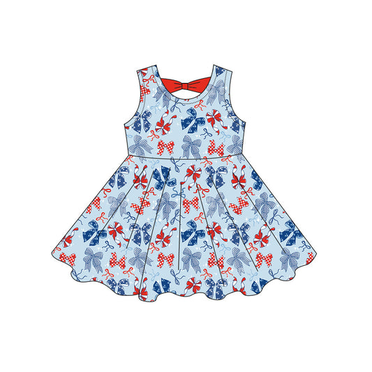 Baby Girls Sleeveless Red Blue Bows Plaid 4th of July Knee Length Dresses Preorder
