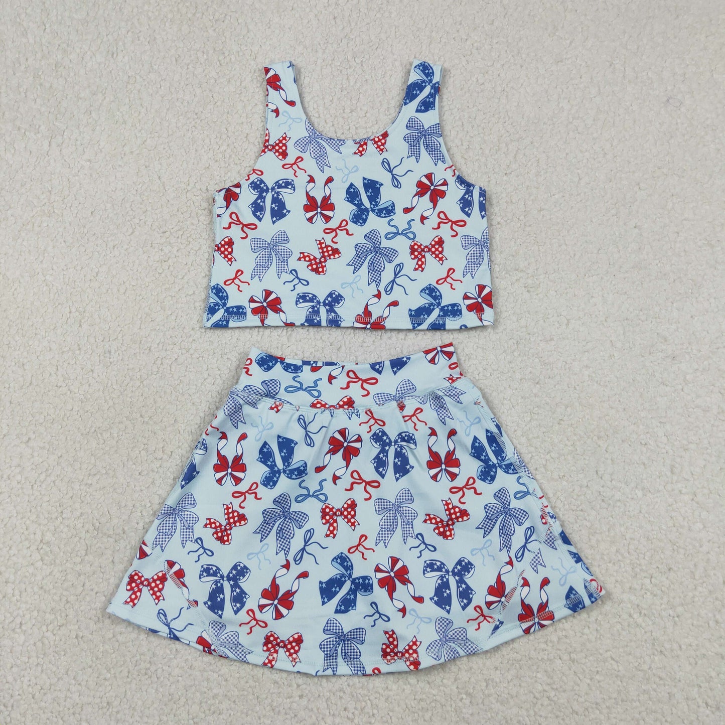 Sibling Baby Girls Red Blue Bows 4th of July Yoga Active Skirt Shorts Set Knee Length Dresses