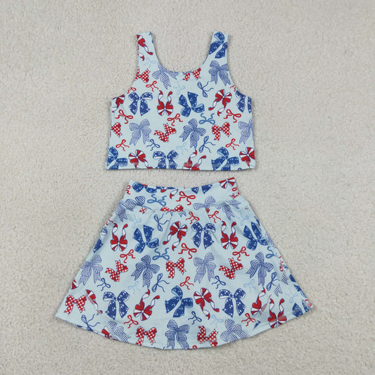 Sibling Baby Girls Red Blue Bows 4th of July Yoga Active Skirt Shorts Set Knee Length Dresses
