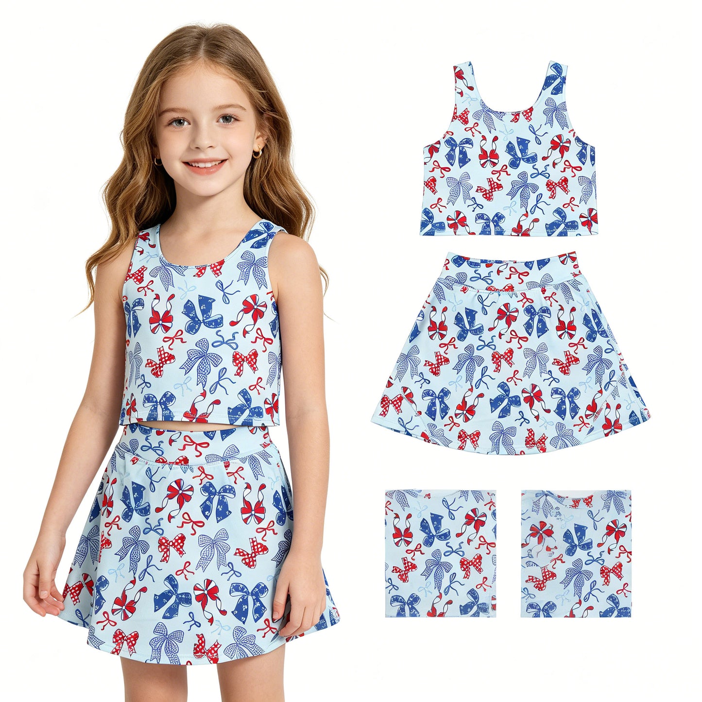 Baby Girls Red Blue Bows Vest Skirt Short Yoga Active 4th of July Clothes Set