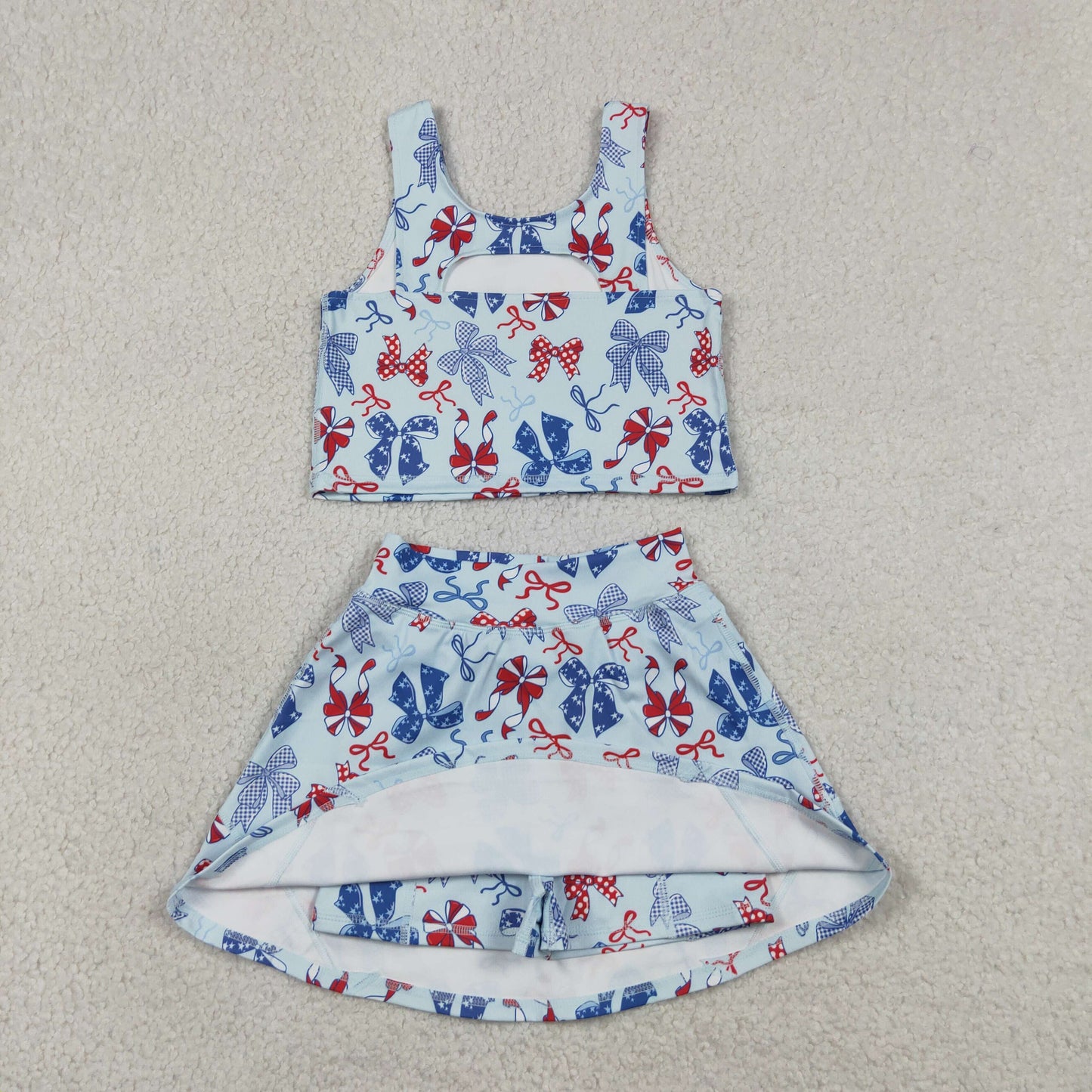 Baby Girls Red Blue Bows Vest Skirt Short Yoga Active 4th of July Clothes Set