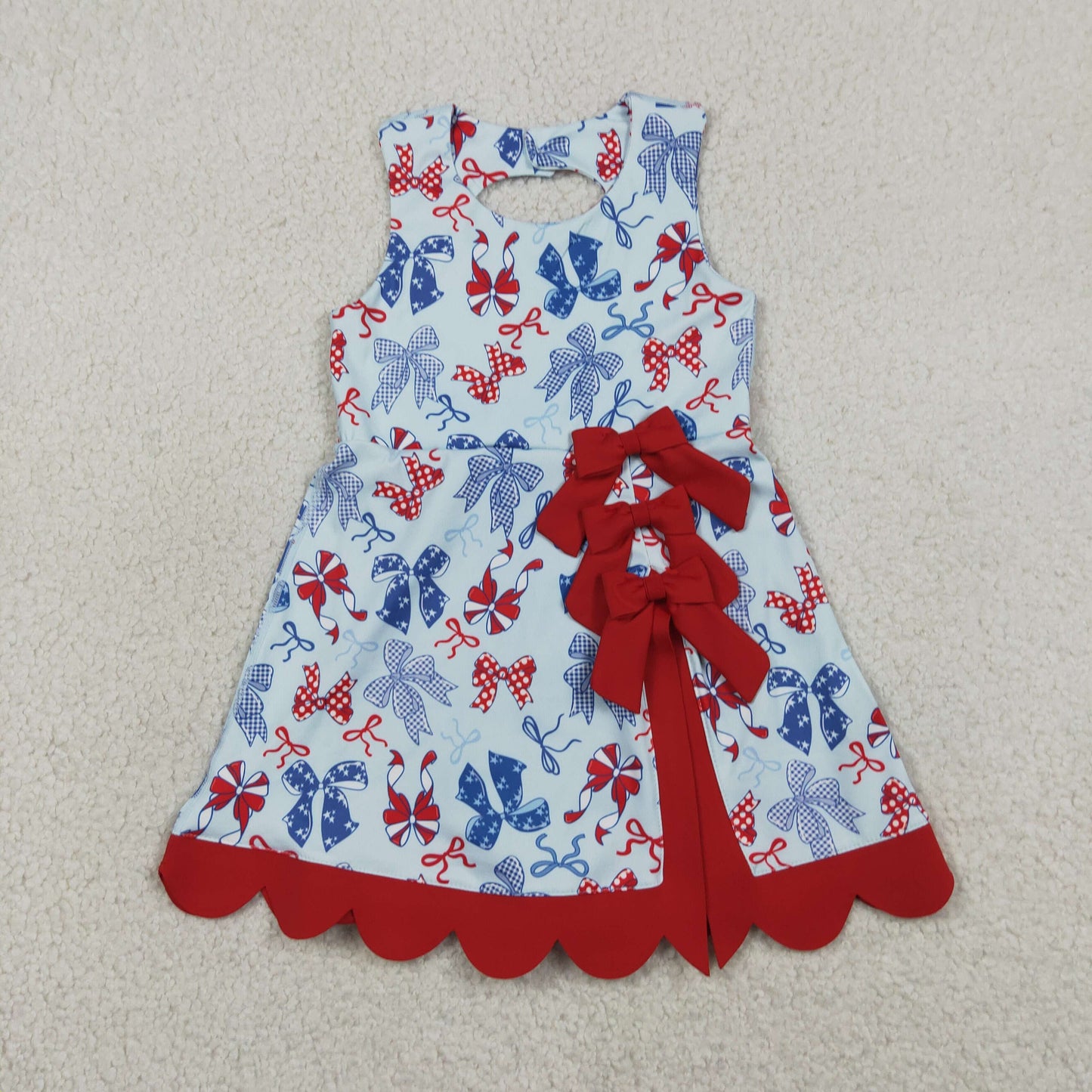 Sibling Baby Girls Red Blue Bows 4th of July Yoga Active Skirt Shorts Set Knee Length Dresses