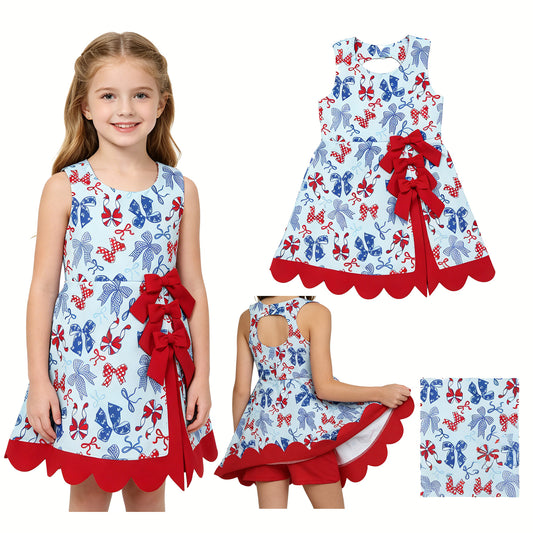 Baby Girls Bows 4th of July Yoga Active Short Bows Scallop Knee Length Dress