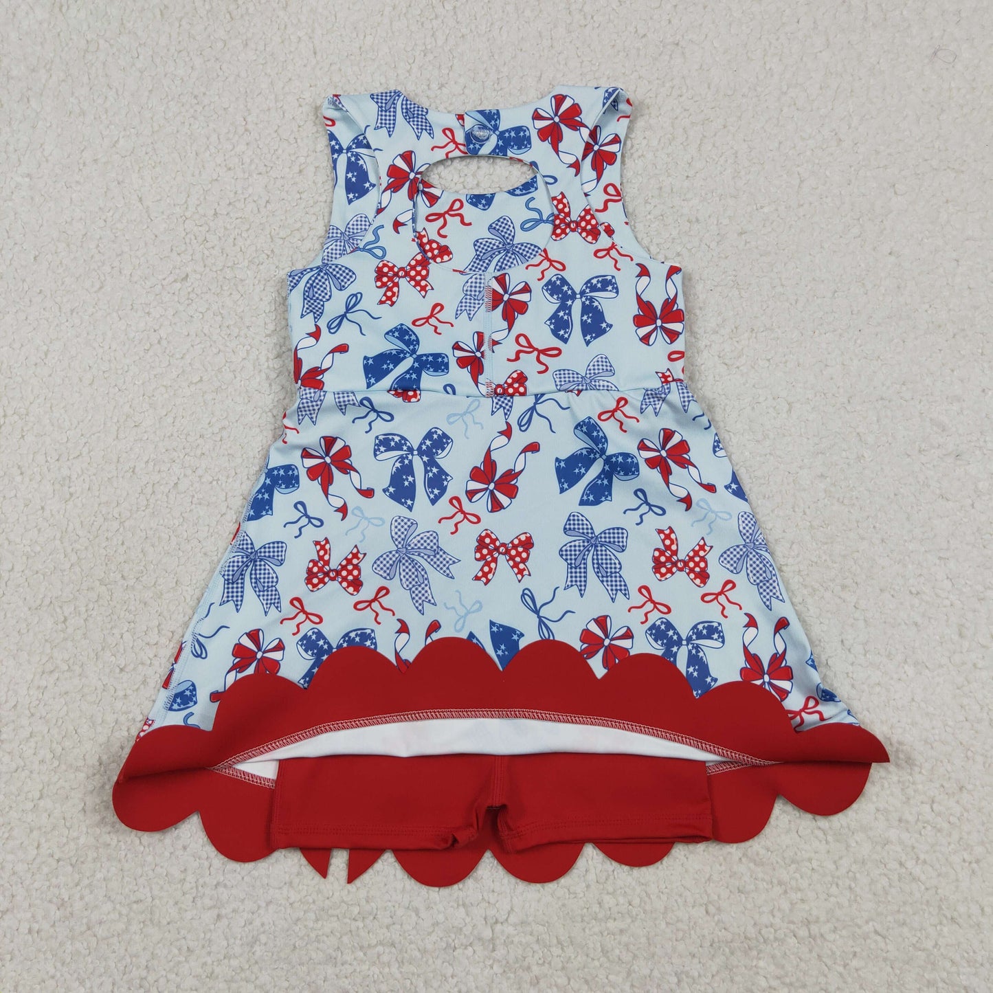 Sibling Baby Girls Bows Flags 4th of July Yoga Active  Scallop Short Knee Length Dresses