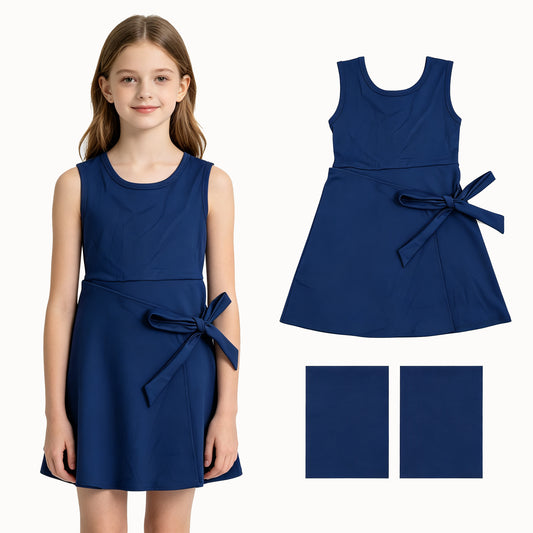 Baby Girls Navy Sleeveless Bows Yoga Active Short Knee Length Dress