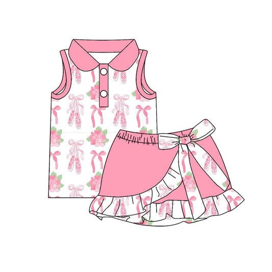 Baby Girls Pink Flowers Bow Shoes Button Top Ruffle Skirt Shorts Clothes Sets Preorder