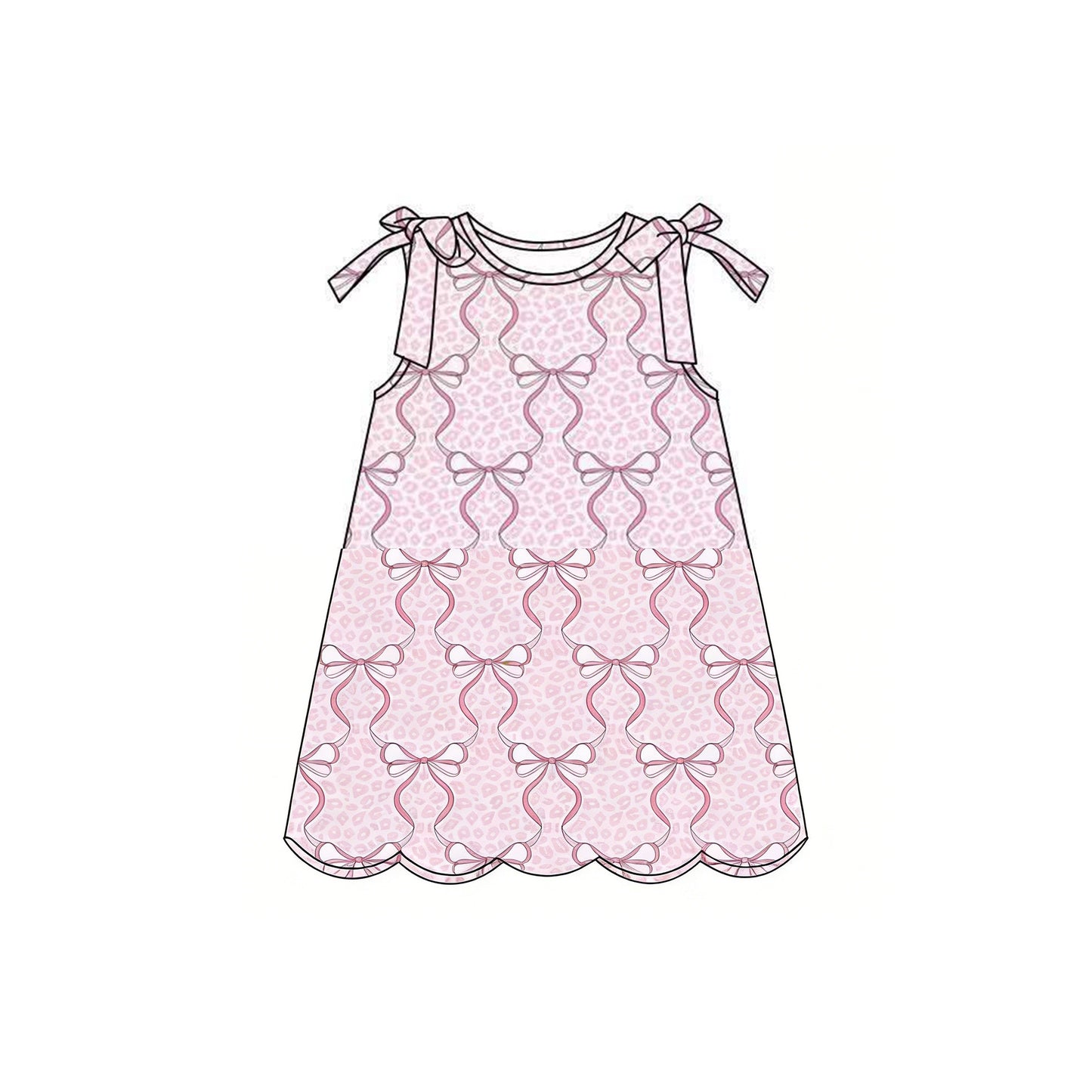 Baby Girls Sleeveless Pink Bows Leopard Scallop Knee Length Dresses Preorder