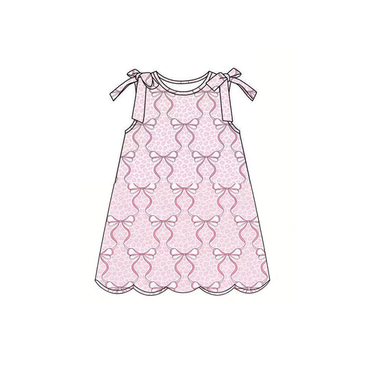 Baby Girls Sleeveless Pink Bows Leopard Scallop Knee Length Dresses Preorder