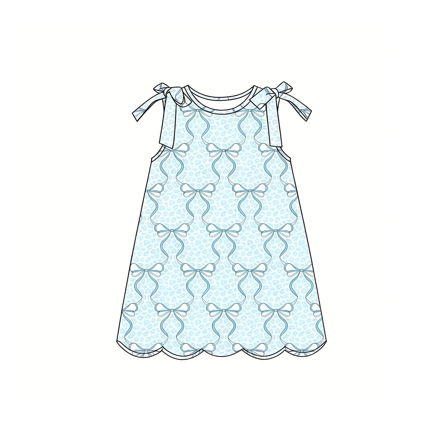 Baby Girls Sleeveless Aqua Bows Leopard Scallop Knee Length Dresses Preorder