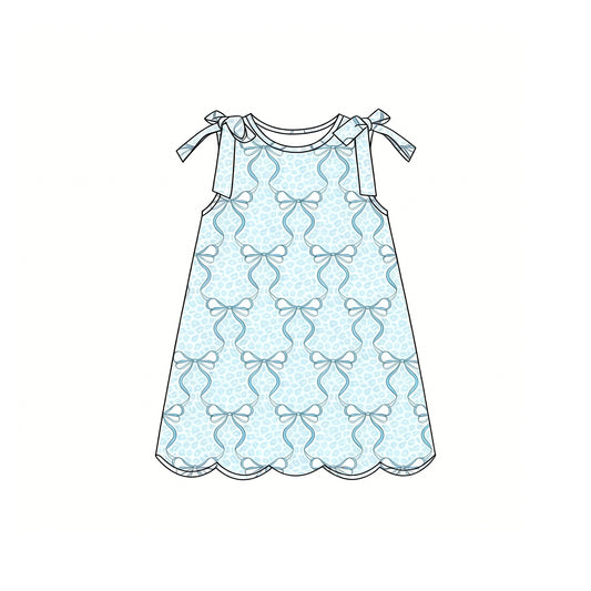 Baby Girls Sleeveless Aqua Bows Leopard Scallop Knee Length Dresses Preorder