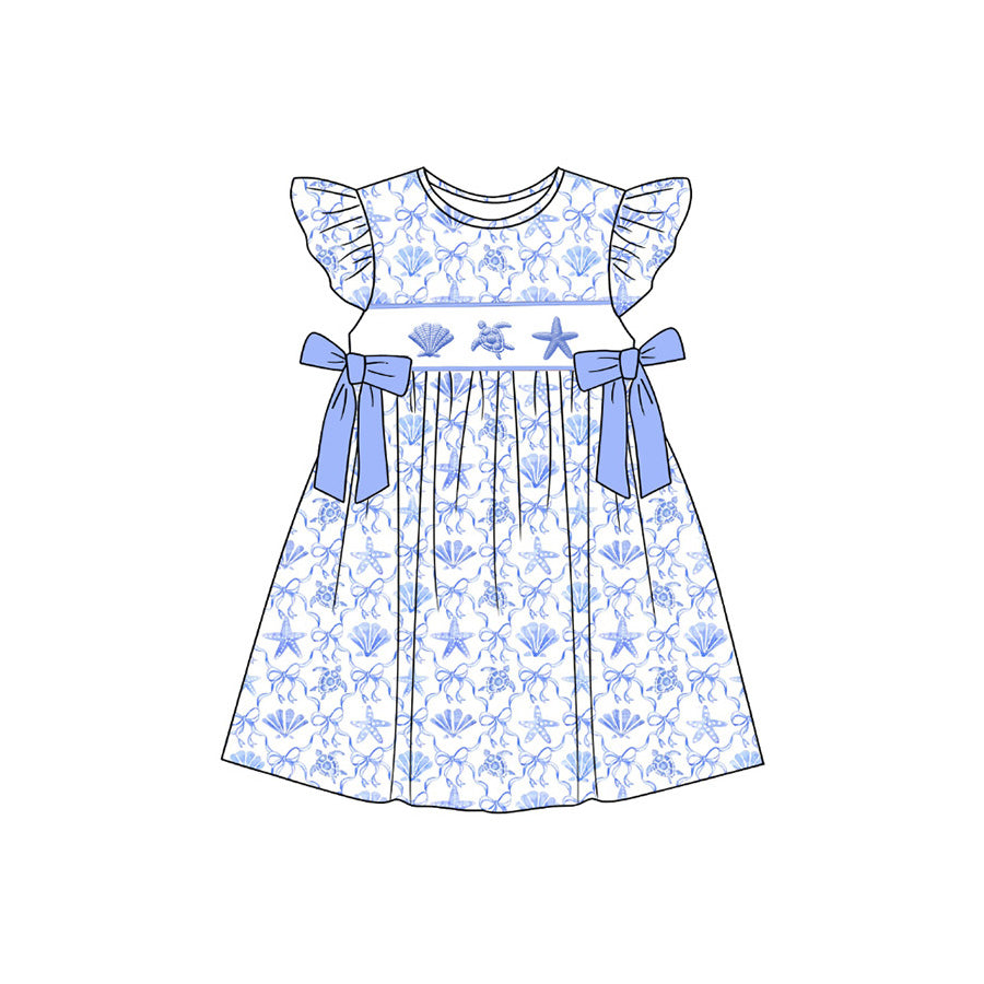 Baby Girls Flutter Sleeve Shell Starfish Bows Checked Knee Length Dresses Preorder