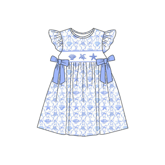 Baby Girls Flutter Sleeve Shell Starfish Bows Checked Knee Length Dresses Preorder
