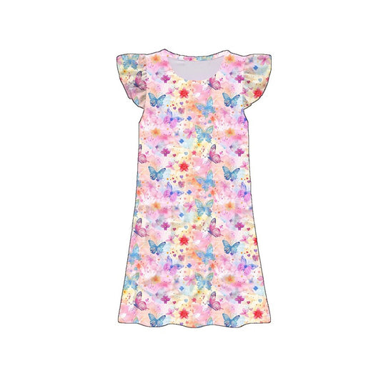 Baby Girls Flutter Sleeve Colorful Floral Butterfly Knee Length Dresses Preorder