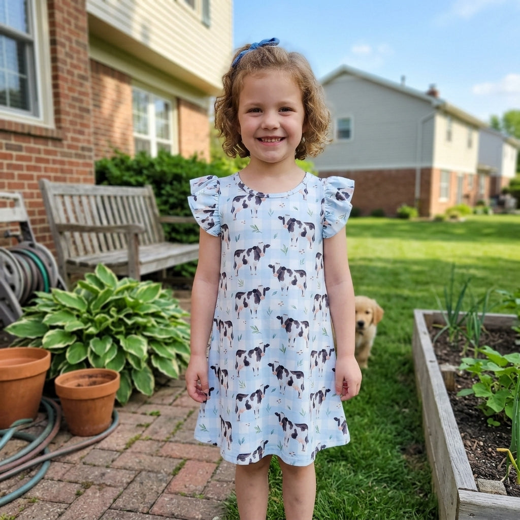 Baby Girls Flutter Sleeve Blue Checked Cows Farm Knee Length Dresses